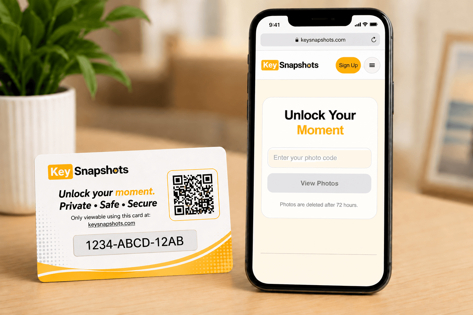 Horizontal KeySnapshots access card beside the photo code entry page on a phone.