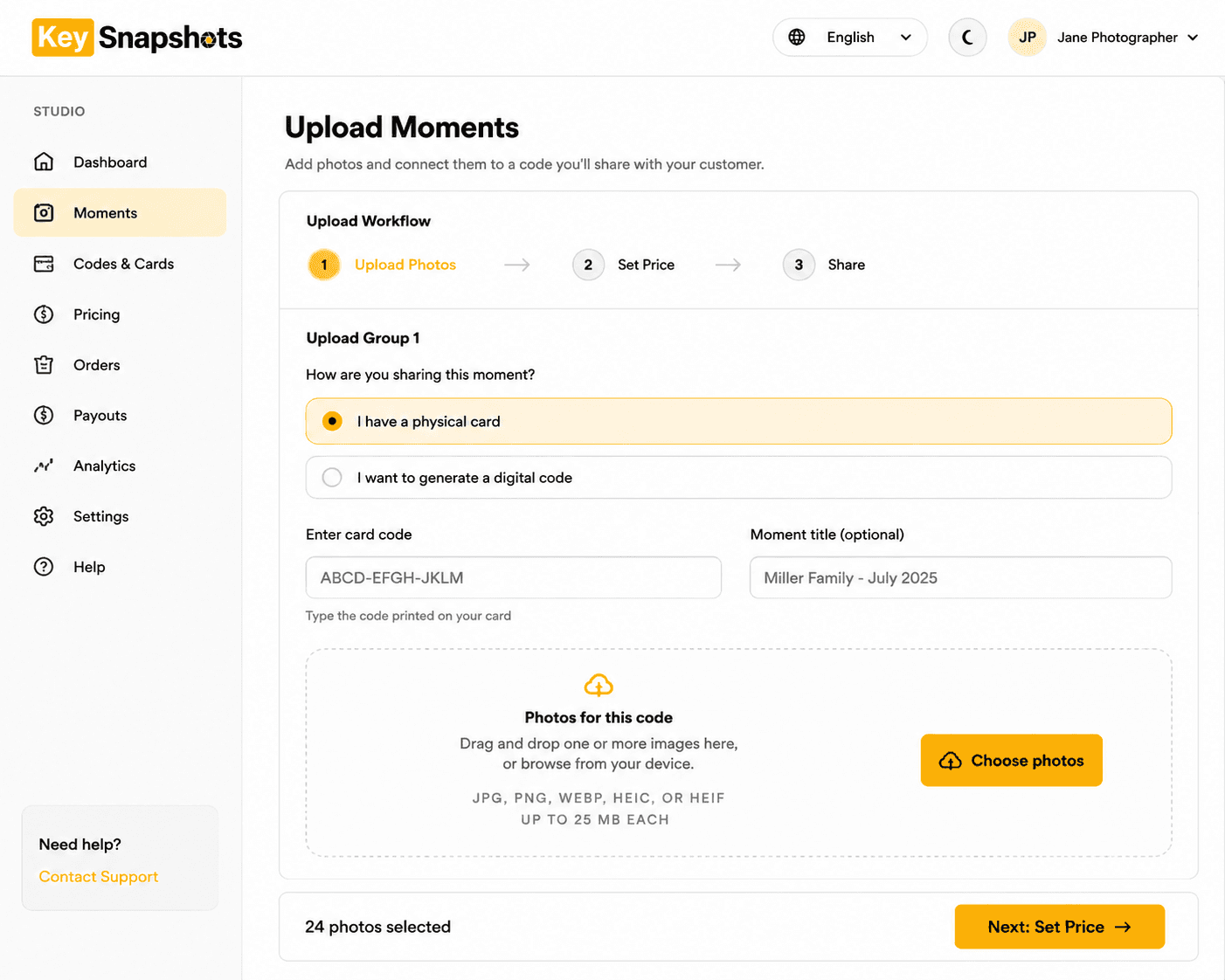 KeySnapshots Studio upload page showing physical card and digital code options.