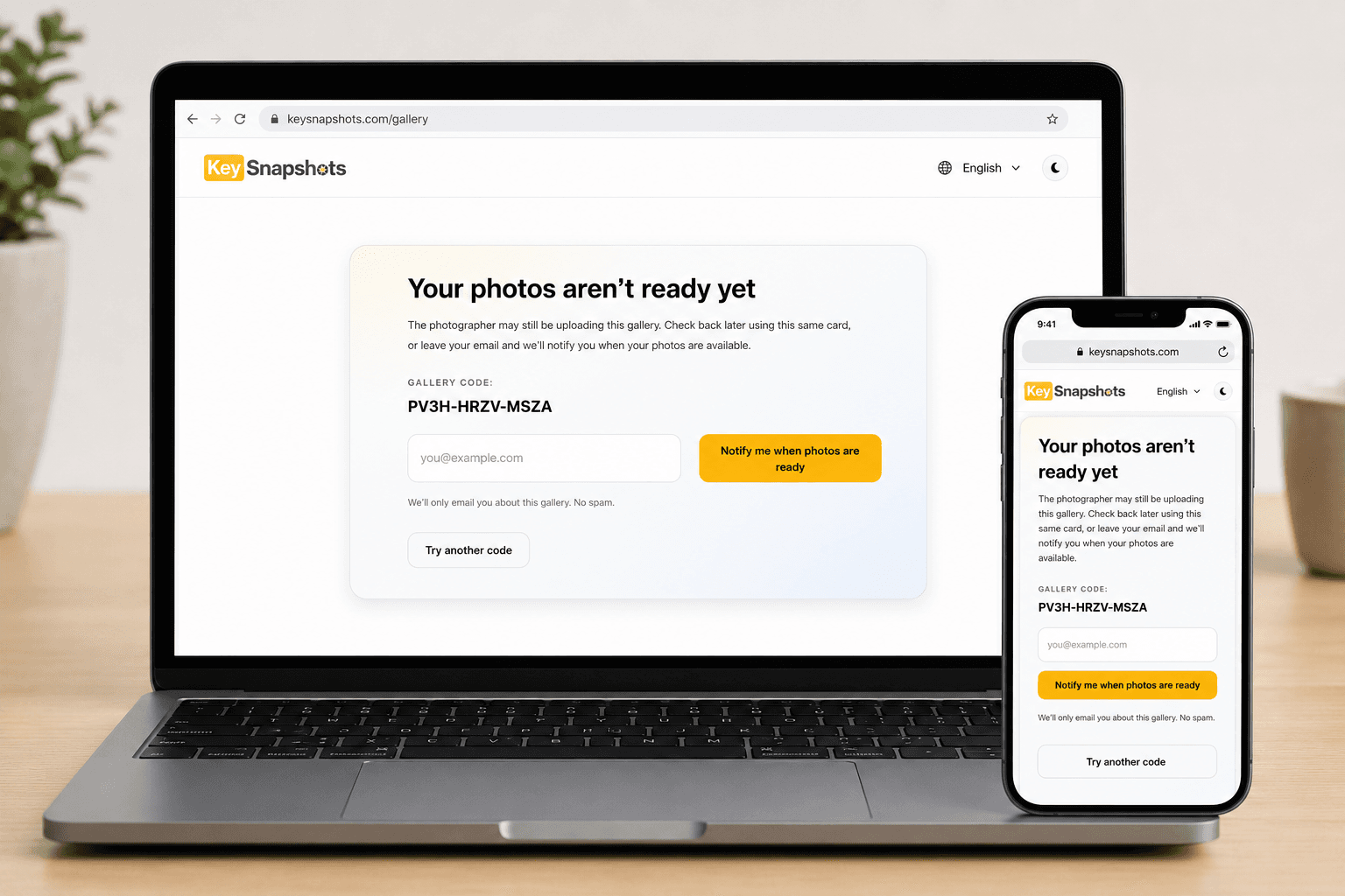 KeySnapshots page showing that photos are not ready yet with an email notification option.