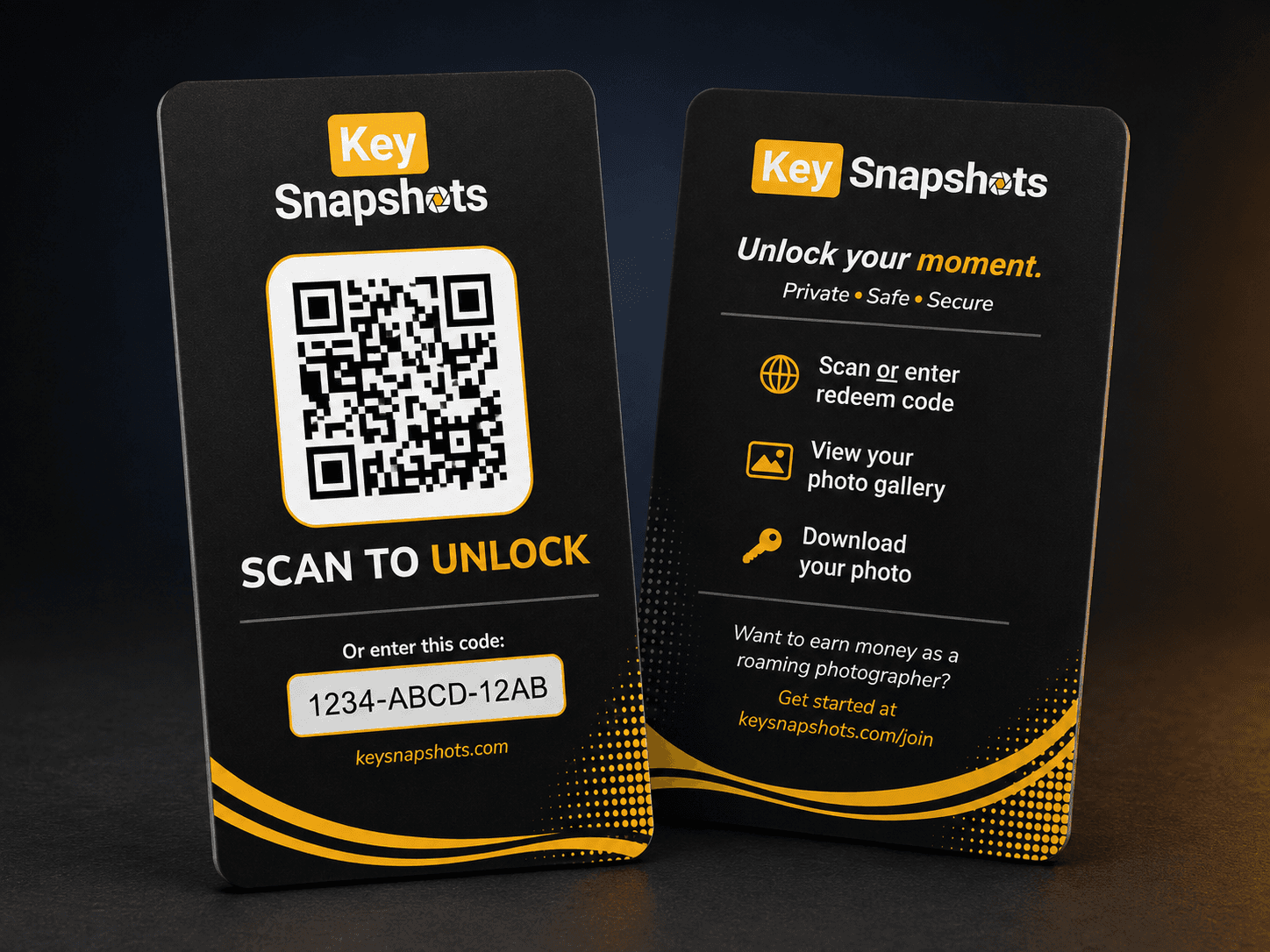 Dark KeySnapshots Photo Access Cards with QR code and redeem instructions