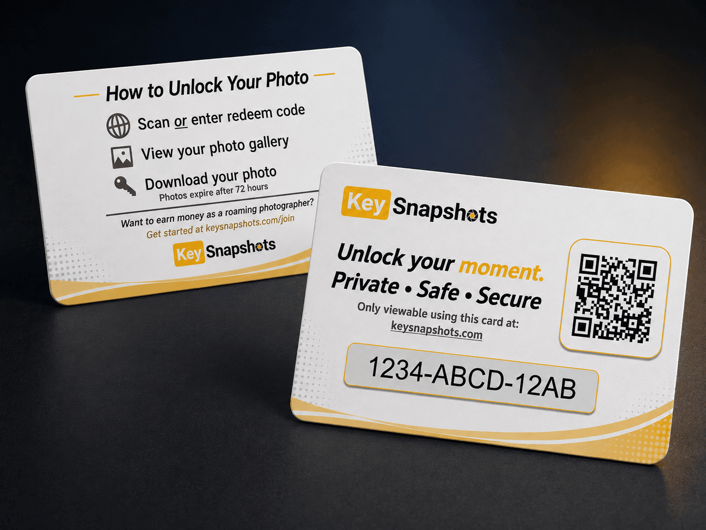 Light KeySnapshots Photo Access Cards with QR code and redeem instructions