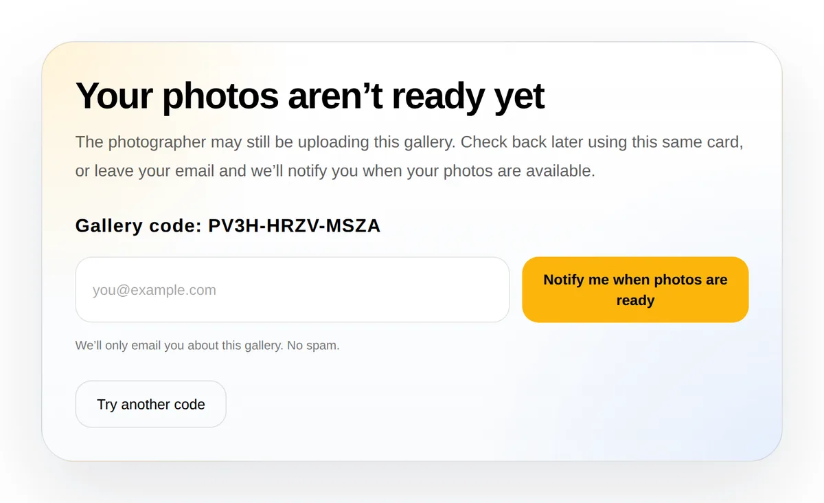 KeySnapshots page showing that photos are not ready yet with an email notification option.