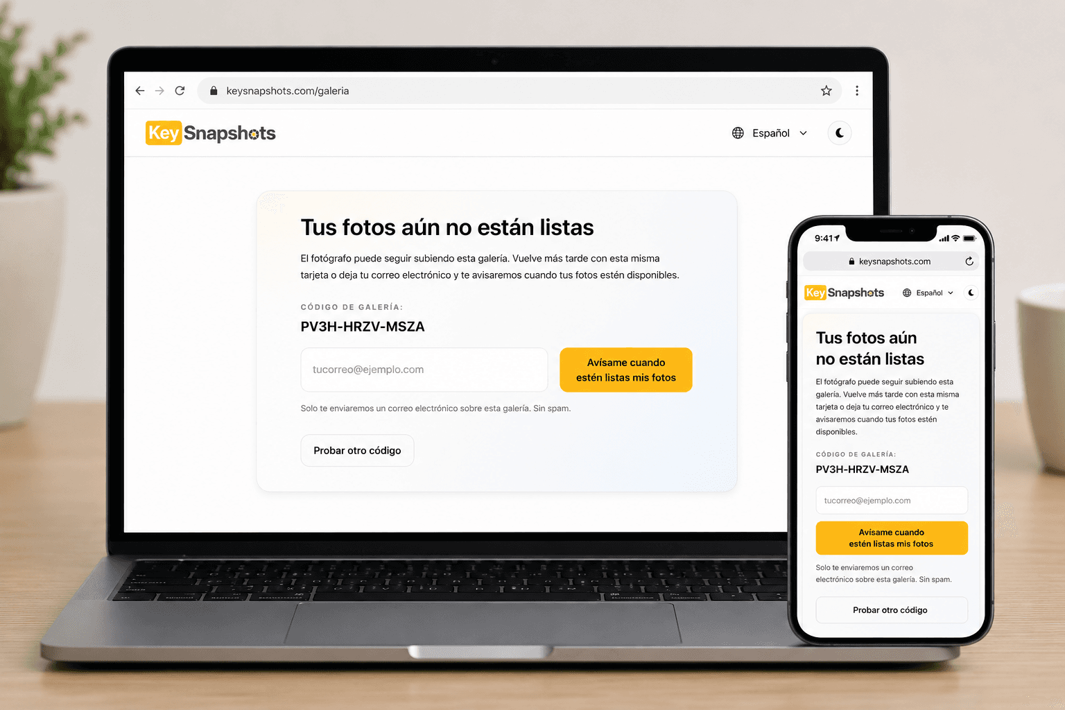 Pagina de KeySnapshots que indica que las fotos aun no estan listas con una opcion de notificacion por correo electronico.