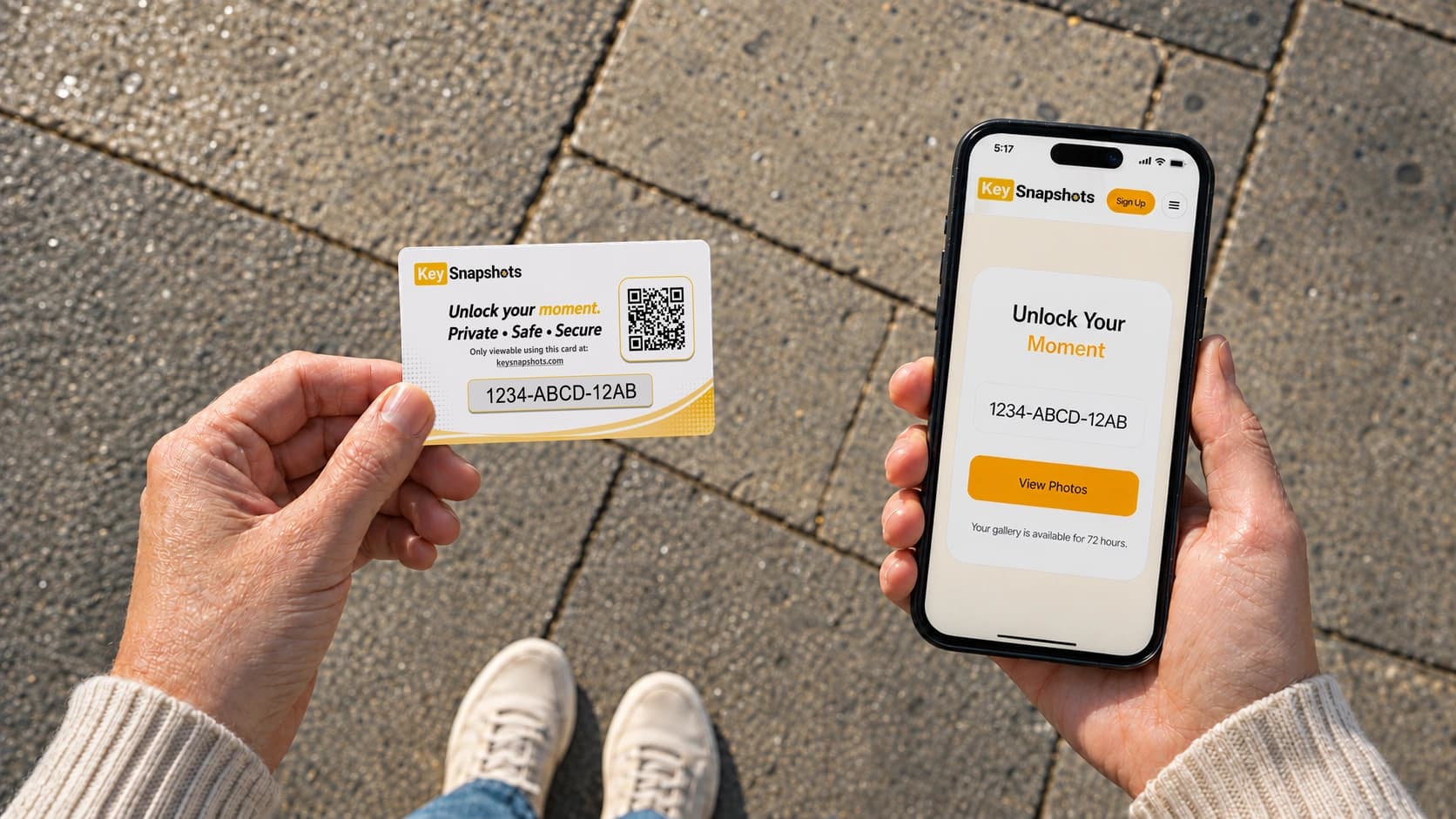 KeySnapshots card beside a phone showing the photo code entry screen
