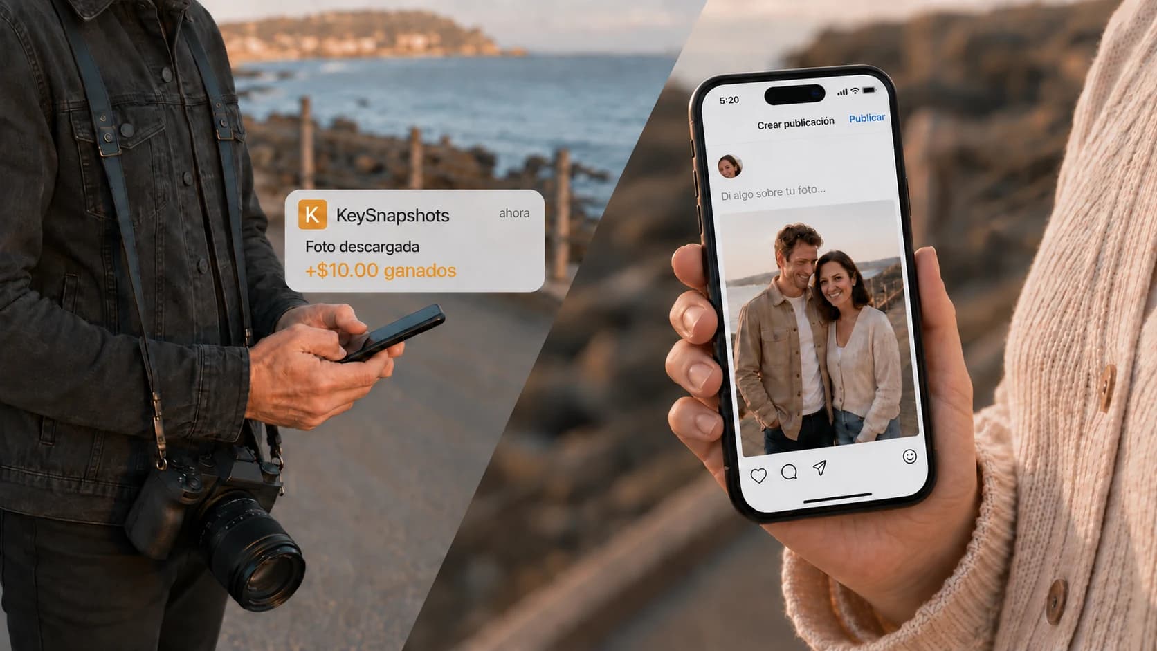 Foto descargada; $10.00 ganados. Un cliente prepara una publicación con su foto en un teléfono.