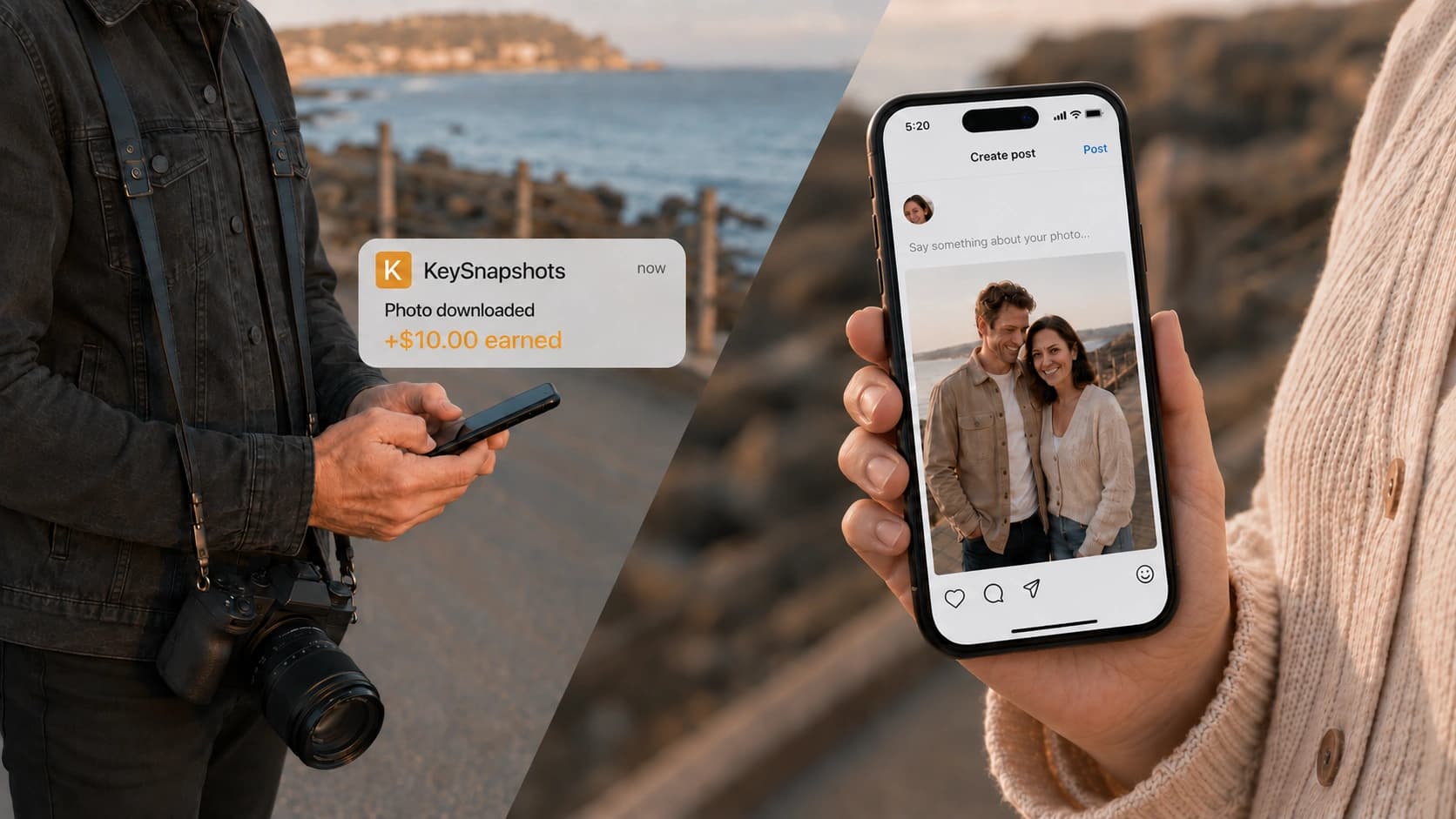 Photo downloaded; $10.00 earned. A customer prepares a photo post on a phone.