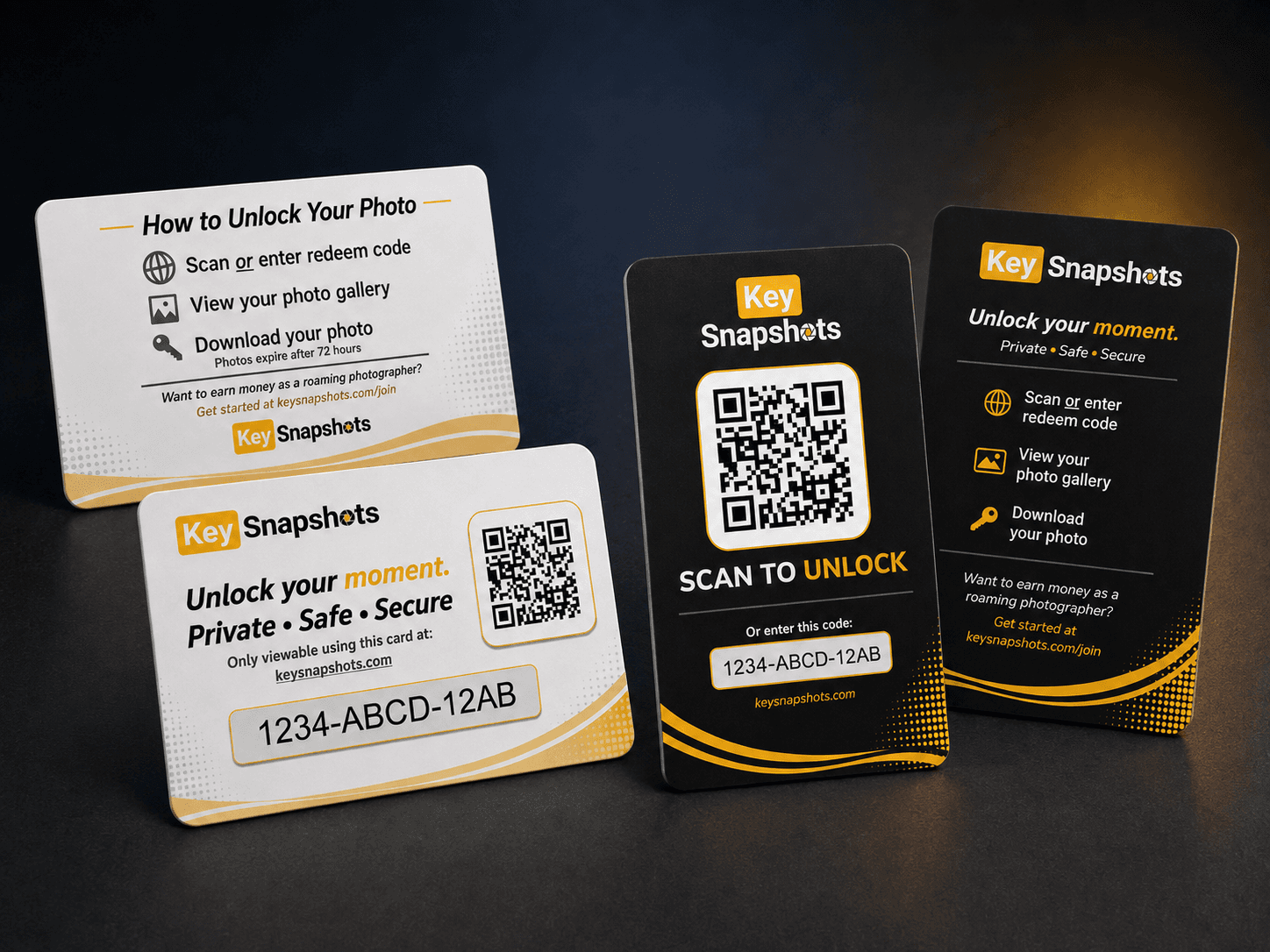Light and dark KeySnapshots Photo Access Cards with QR codes, redeem codes, and unlock instructions