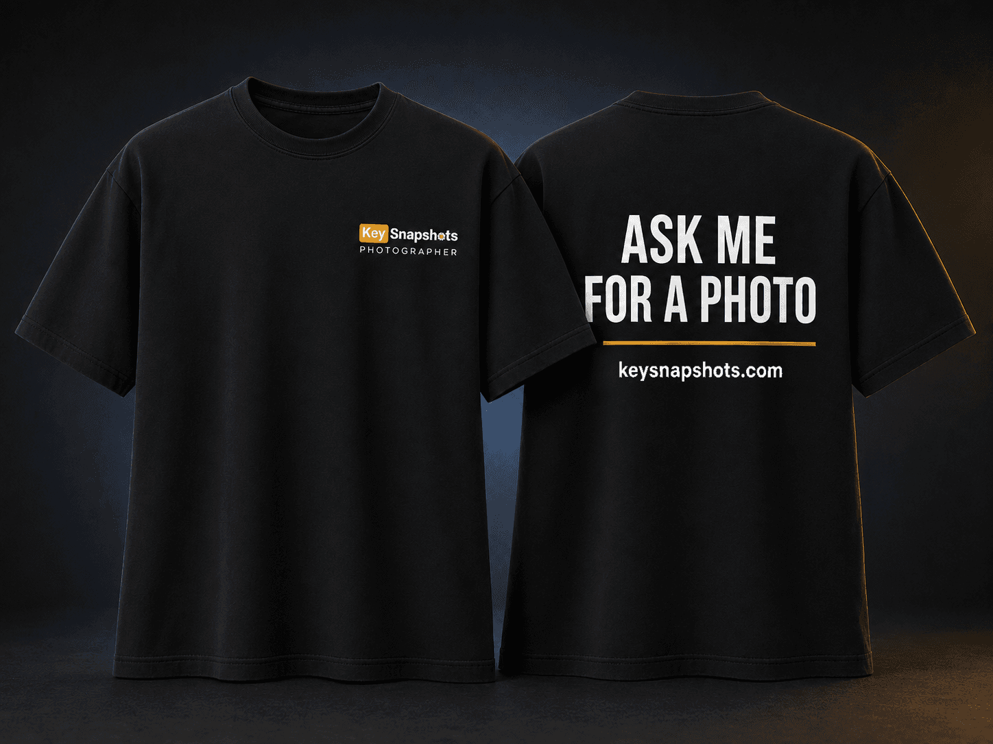 Black KeySnapshots shirt mockup showing front logo and back Ask Me For A Photo design
