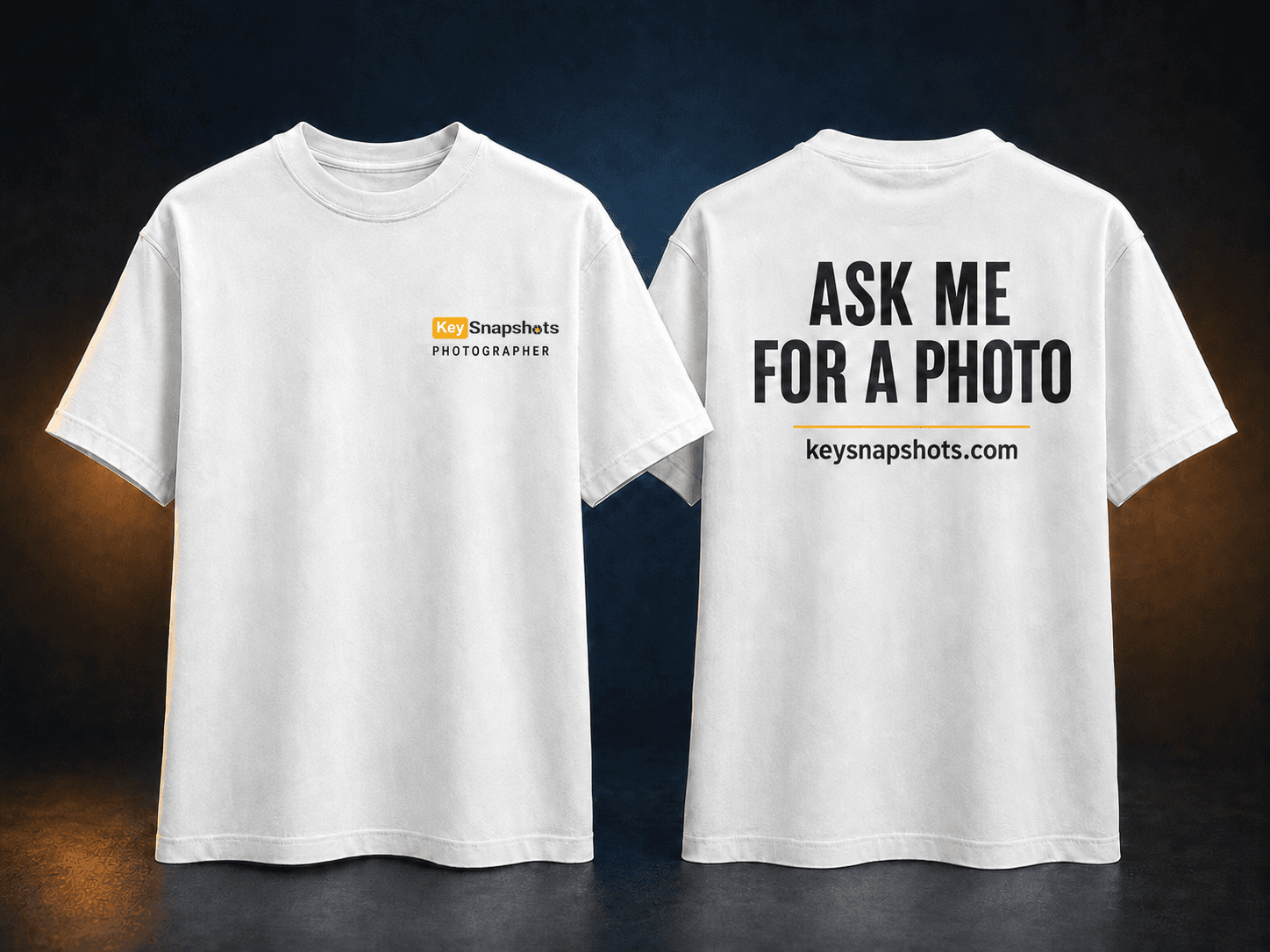 White KeySnapshots shirt mockup showing front logo and back Ask Me For A Photo design